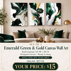 Emerald Green & Gold Canvas Wall Art Set of 3