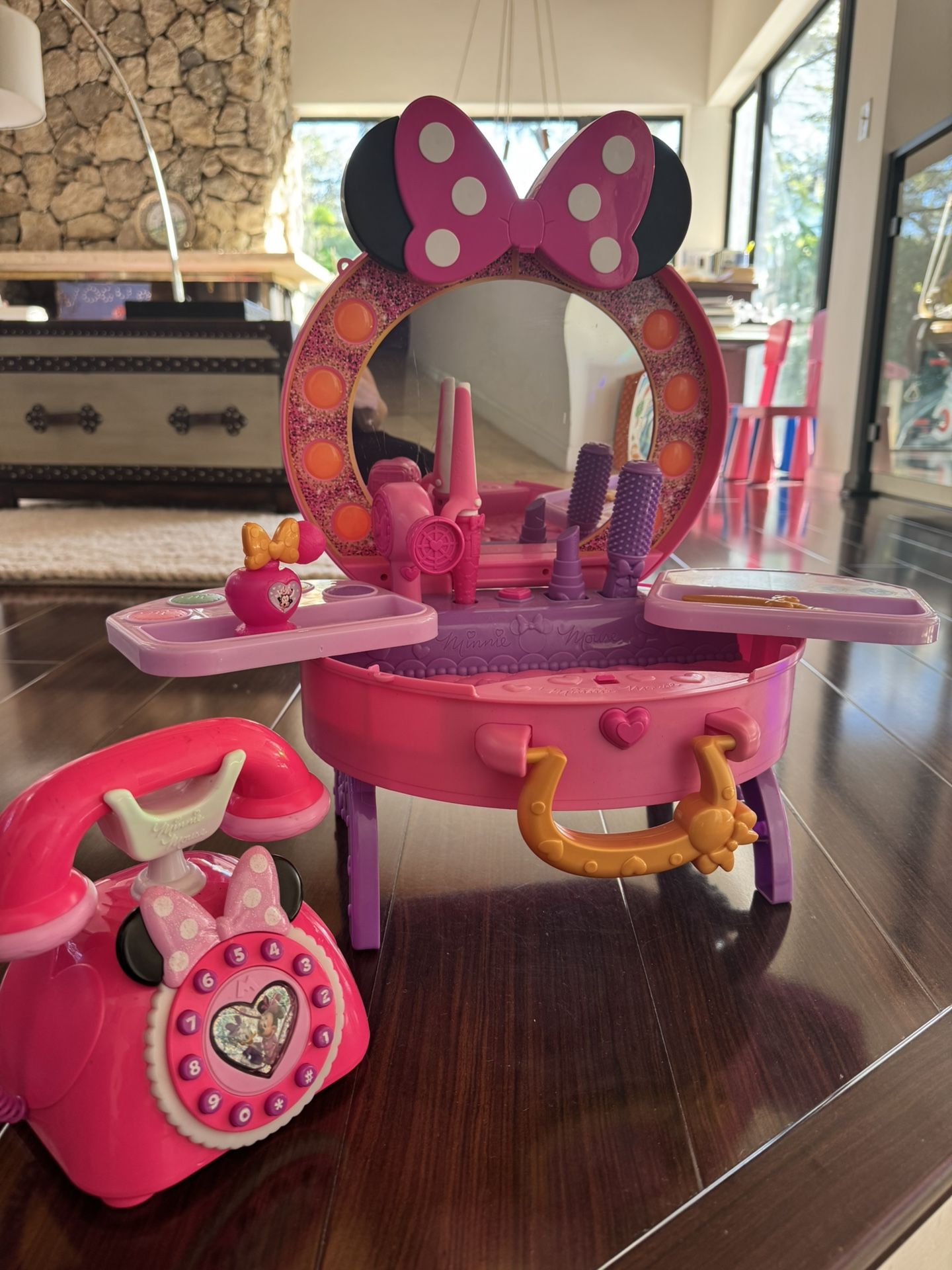 Disney Junior Kids Toys Bundle — Minnie Mouse Glam Vanity + Minnie Happy Helpers Rotary Phone (Lights & Sounds)