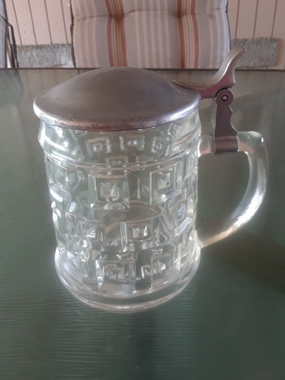 Vintage glass pewter beer stein mug with lid