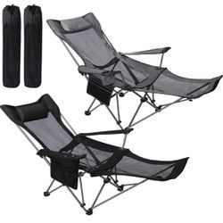 2 Pack Reclining Camping Chairs with Footrest Portable Lightweight Mesh Folding Outdoor Camping Lounge Chair with Storage Bag Cup Holder And Headrest