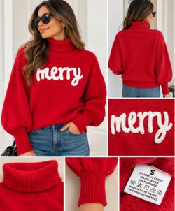 Red 'Merry' Turtleneck Holiday Sweater
