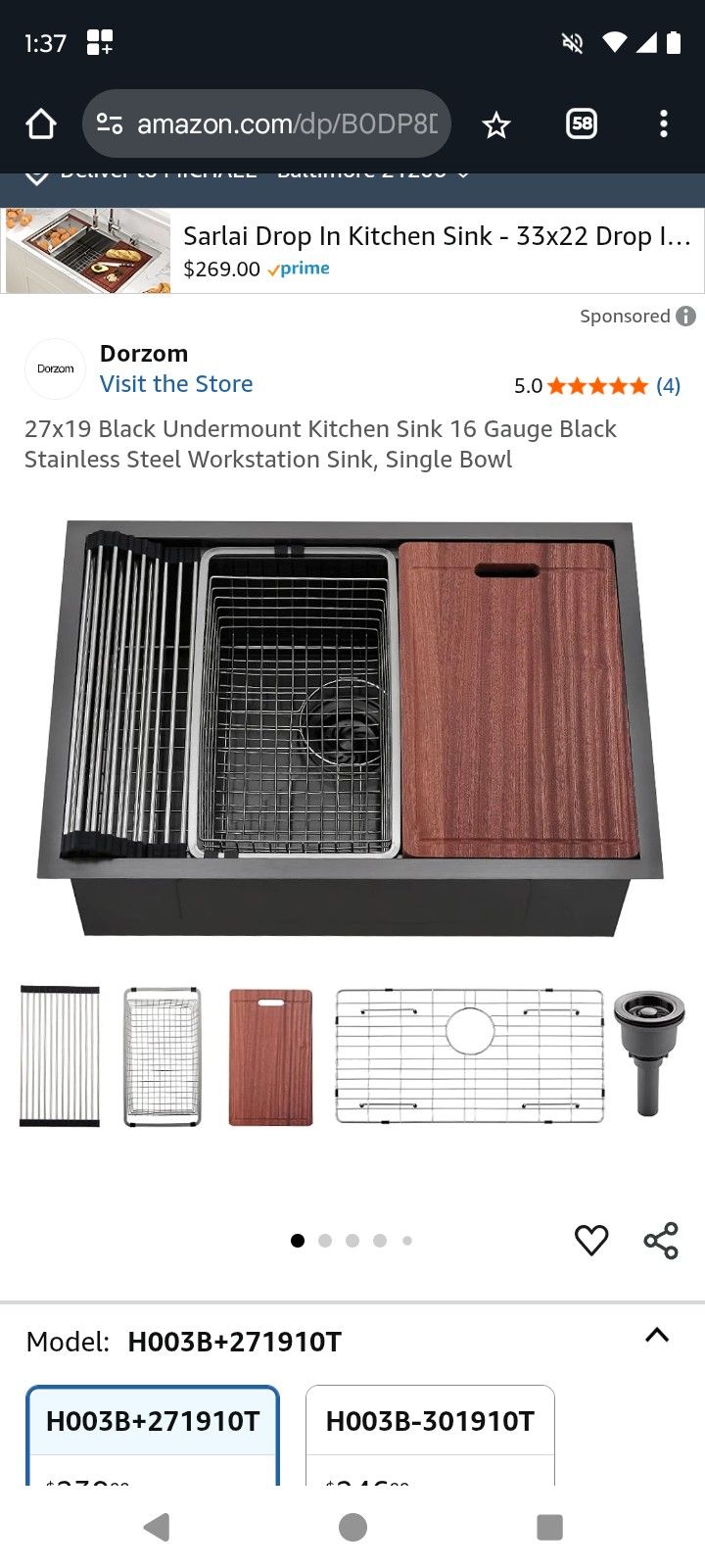 27x19 Black Undermount Kitchen Sink 16 Gauge Black Stainless Steel Workstation Sink, Single Bowl.....NEW IN BOX