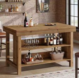 F2463 new assembled Solid Wood 55-Inch Bar Table, 3-Tier Farmhouse Home Bar Unit with Open Storage Shelves, Rectangular Counter Height Pub Dining Tabl
