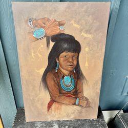 Fred Cleveland Signed Native American Navajo Girl Portrait Painting Canvas 24x36