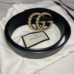 Authentic Black Leather Pearl Gucci Belt