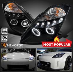 Black Fits 2003-2005 350Z LED Halo Projector Headlights Lamp Left+Right 03 04 05