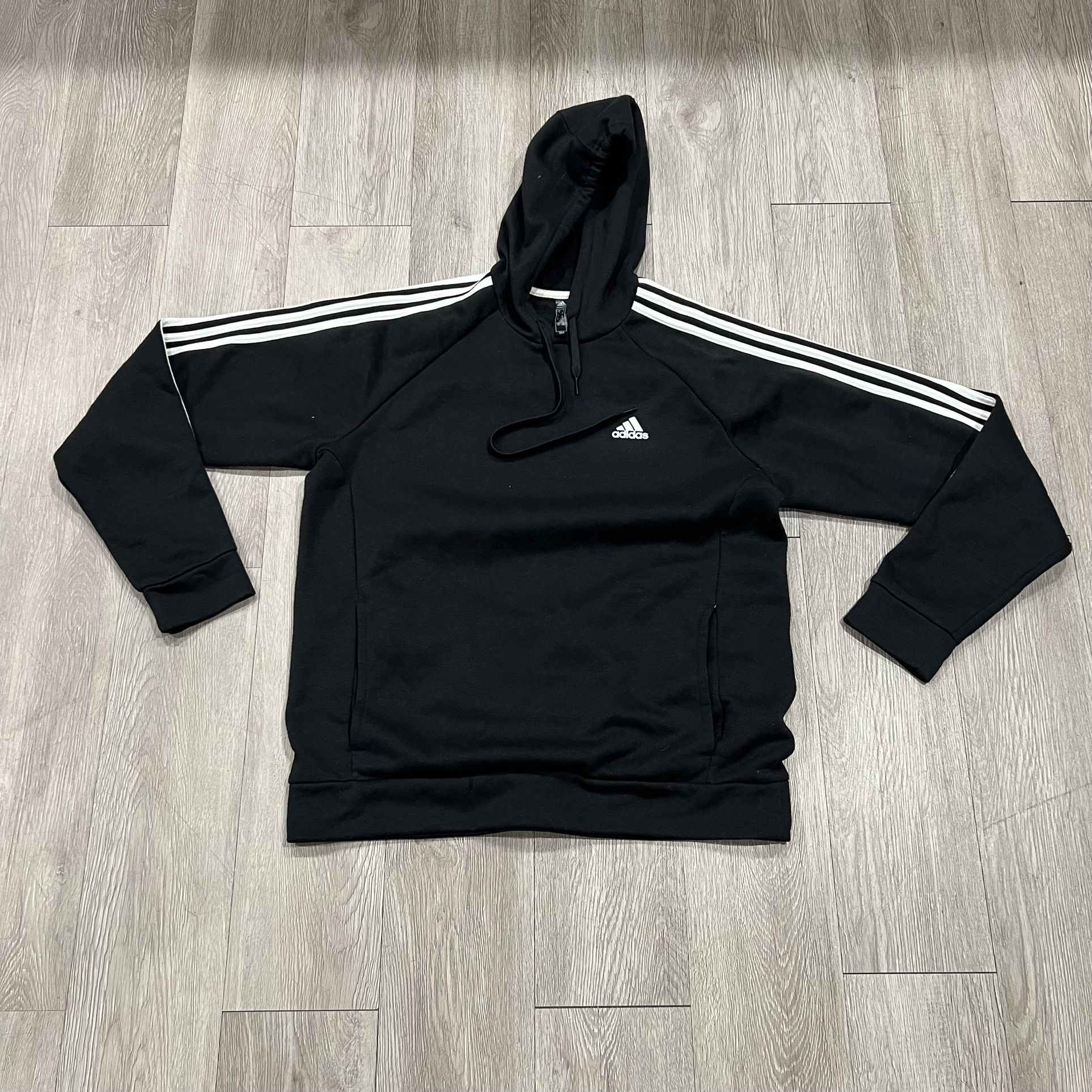 Adidas 3-stripes men’s Fleece PullOver Black Hoodie Sweatshirt Size Large