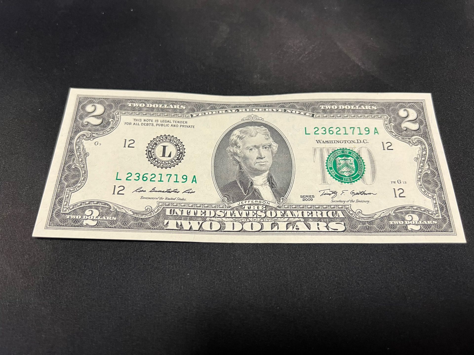 $2 bill USD Thomas Jefferson 2009 Series