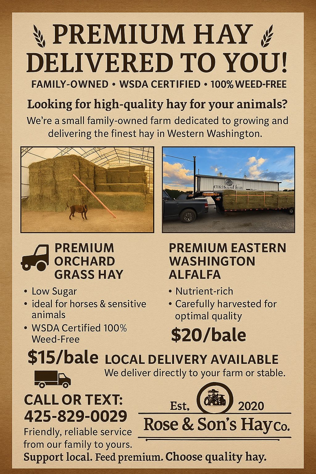 2025 Premium WSDA Certified Orchard Grass Hay. 100% Weed Free. Premium Eastern Washington Alfalfa