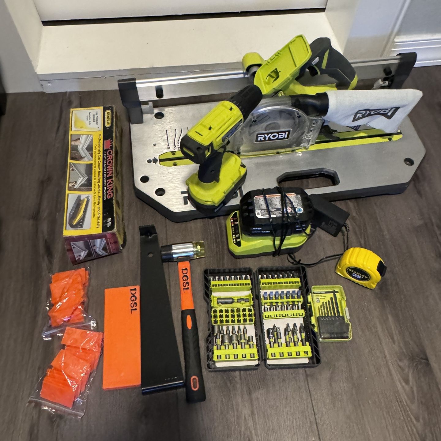 Cordless Flooring Saw with Blade, High Capacity Battery, Drill, Crown Molding Guide And Flooring Tools