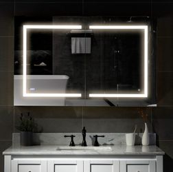MCLEM4830, 48"W X 30"H Surface Mount MedicineCabinet with 3-Color LED light, Mirror Defogger, Clock,Temperature, Blum Hinges, Makeup Mirror 3X, Outlet