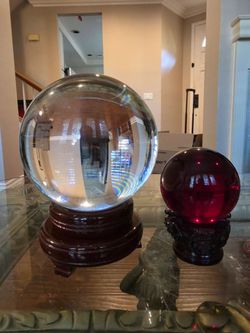 Crystal Gazing Ball Set - 6" Clear Rotating Sphere & Crimson Red Glass Orb with Bases the pair)