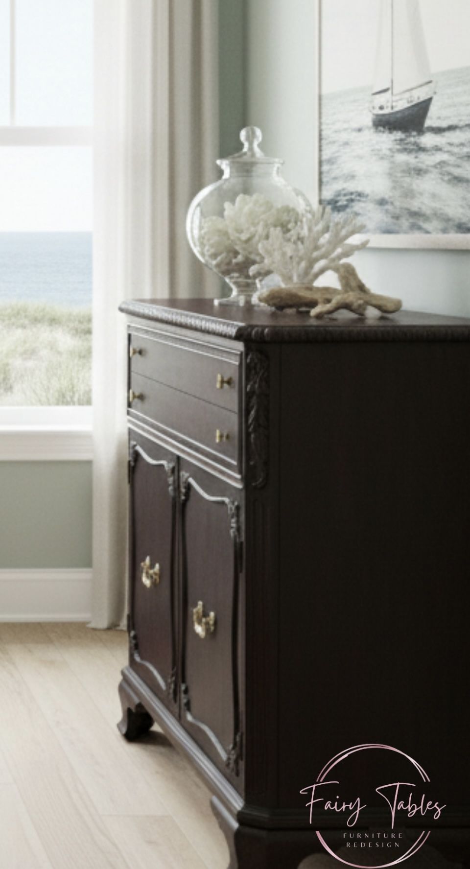 Black Washed Cherry Buffet Sideboard 1920’s-40’s Custom Refinish to Showcase Wood by Bernheardt Furn
