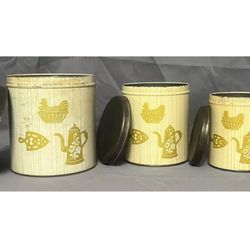 Vintage 3pc Set Decoware Nesting Tin Canisters 1950s Farm Chicken Garden