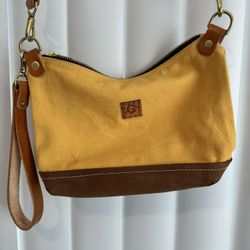 Small Yellow Crossbody Purse With Real Leather Straps And Attachments, Brand Unknown