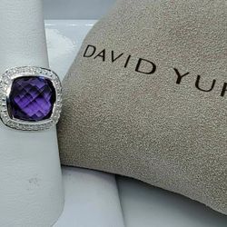 David Yurman Sterling Silver Albion Ring 11mm with Amethyst and Diamonds Size 9