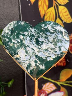 Moss Agate Heart Crystal on Gold Stand