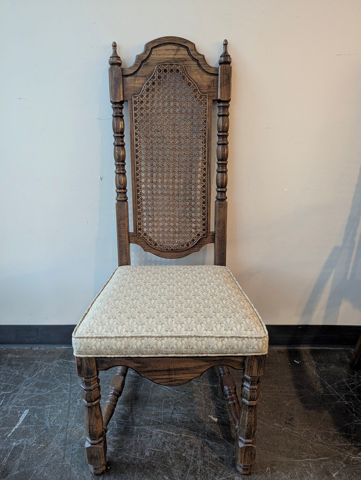 Vintage Carved Wood Cane Back Upholstered Dining Chair