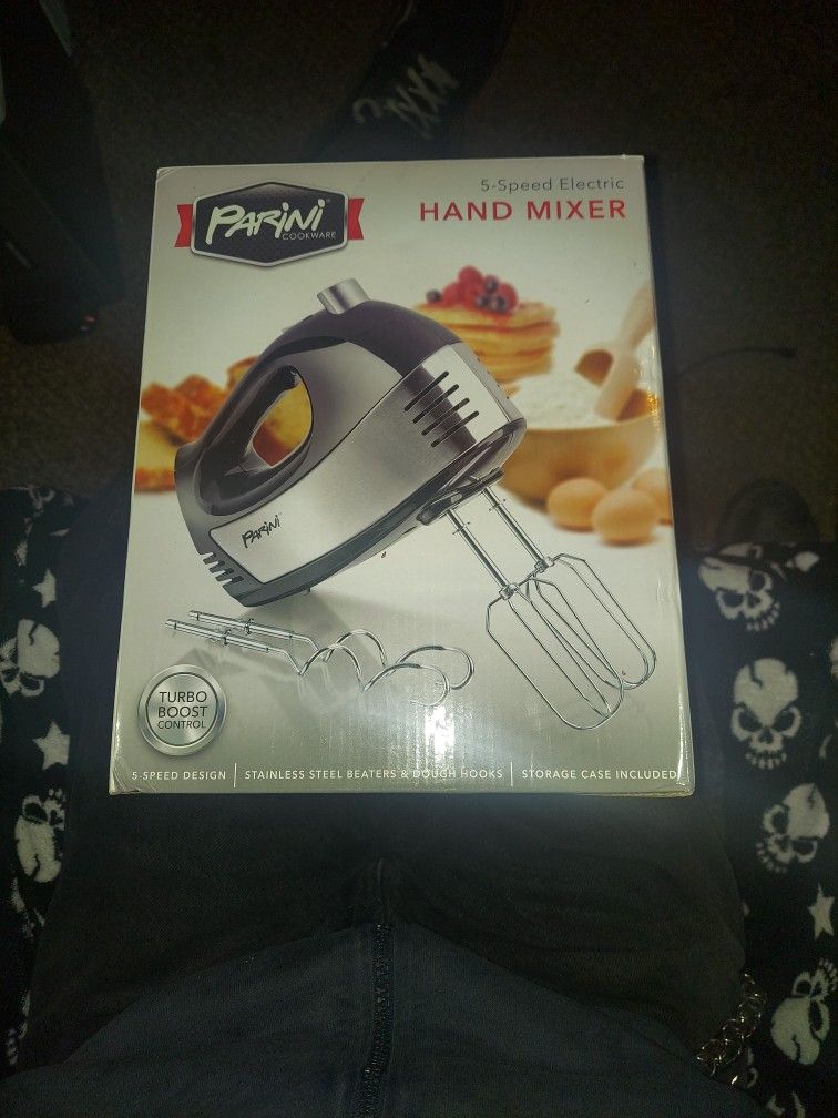 Parini Cookware, 5-speed Electric Hand Mixer, Stainless Steel Beaters And Dough Hooks, Storage Case Included