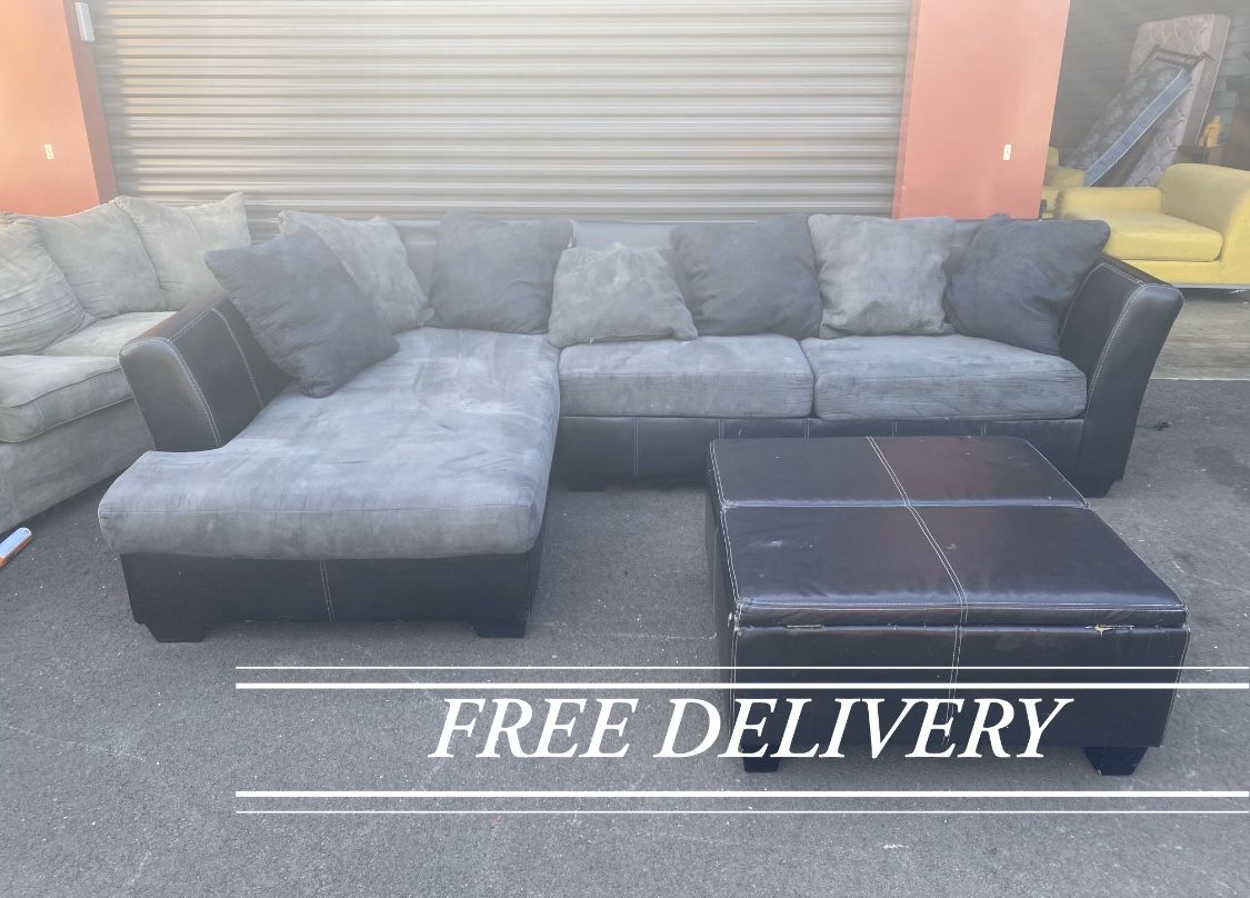 Blue/Grey L Shaped two Piece Sectional & Ottoman (FREE DELIVERY)