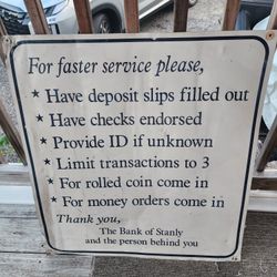 VINTAGE RARE The Bank Of Stanly North Carolina Metal Drive Through Sign 28 x 30"