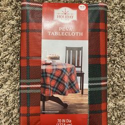 Red Plaid Plastic Tablecloth (Round 70”) Never Used