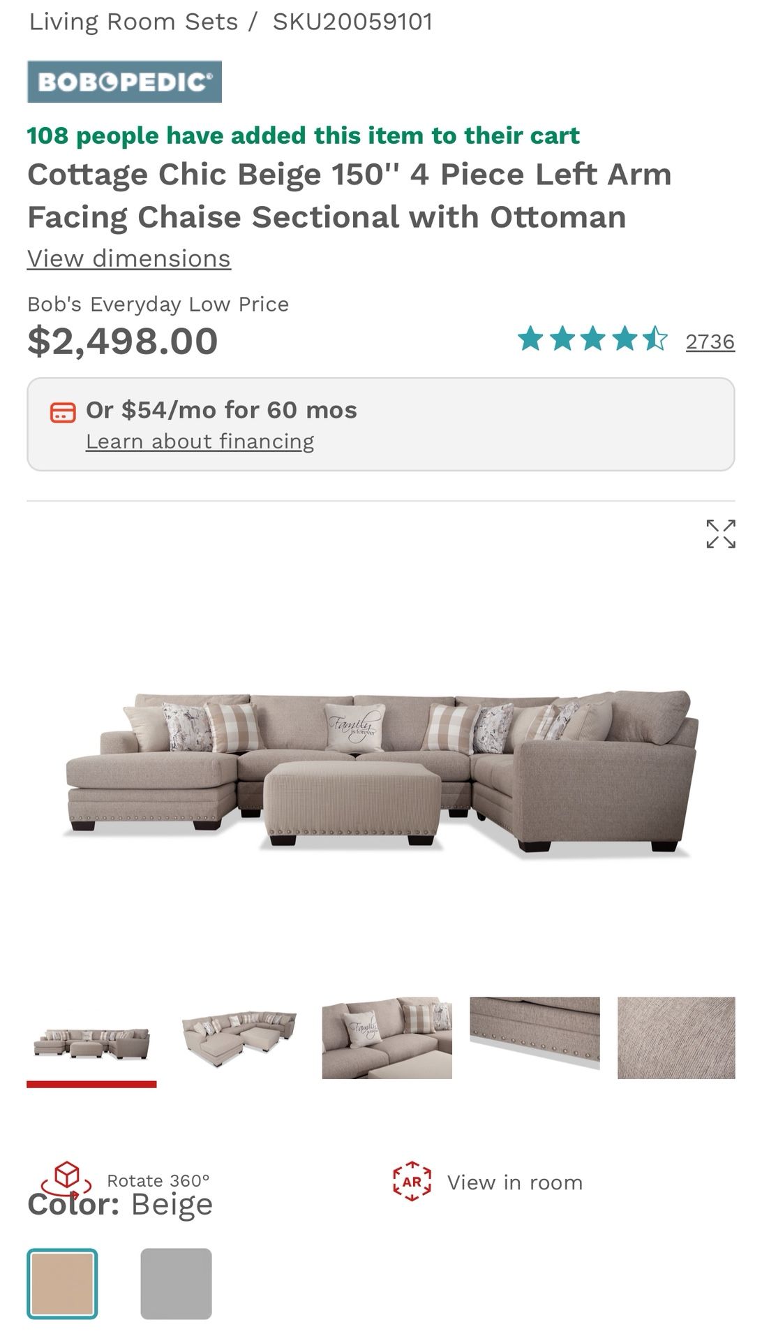 Pull Out Bed Cottage Chic Beige 150'' 4 Piece Left Arm Facing Chaise Sectional with Ottoman