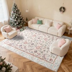 6x9ft Vintage Moroccan Area Rug, Soft & Durable, Nonslip, and Low Pile, Light Beige Floral, NEW