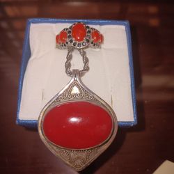 Red Coral Pendant And Ring Set