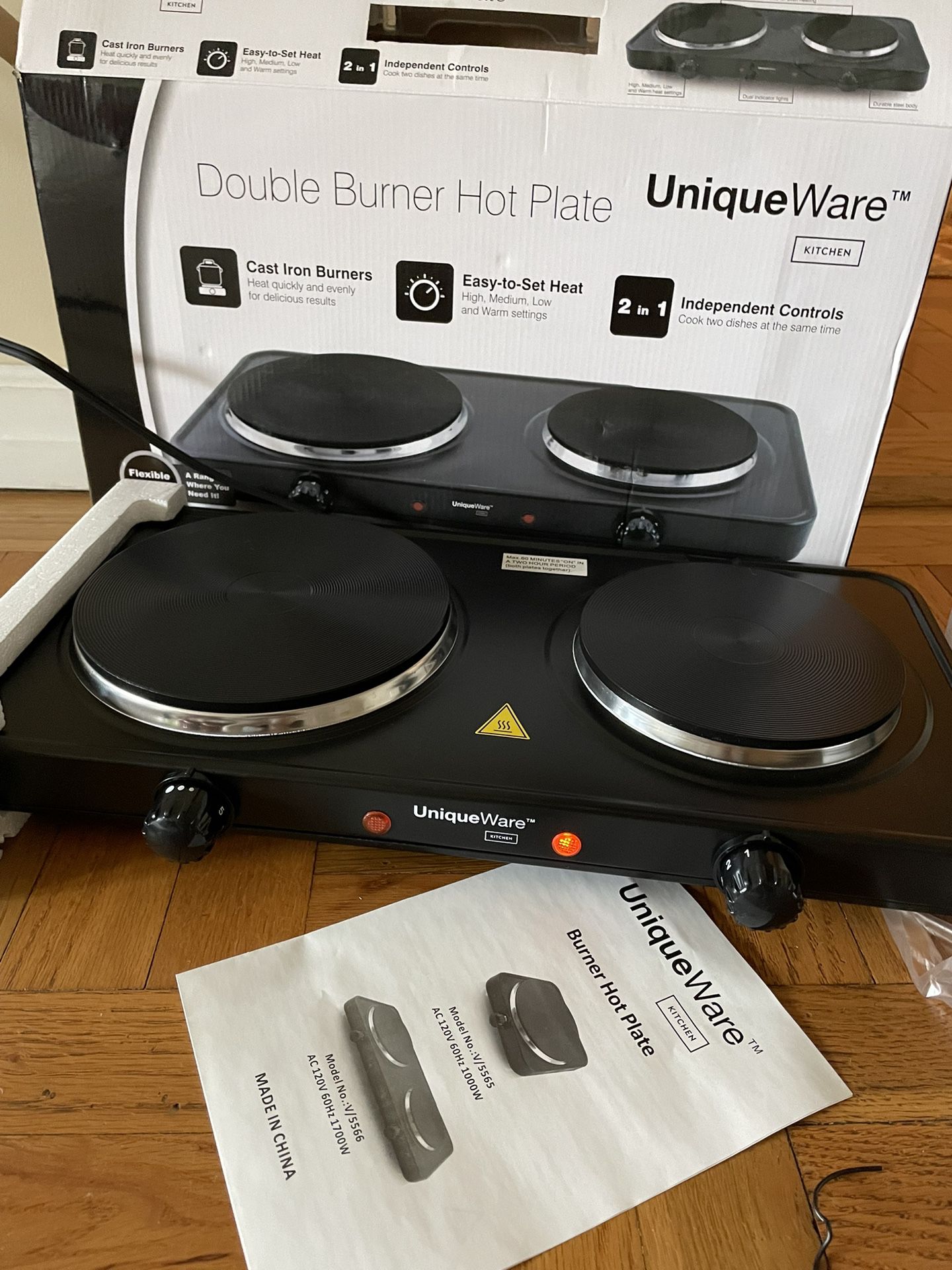 Double Burner, Electric Hot Plate, Temperature, Power Lights-New