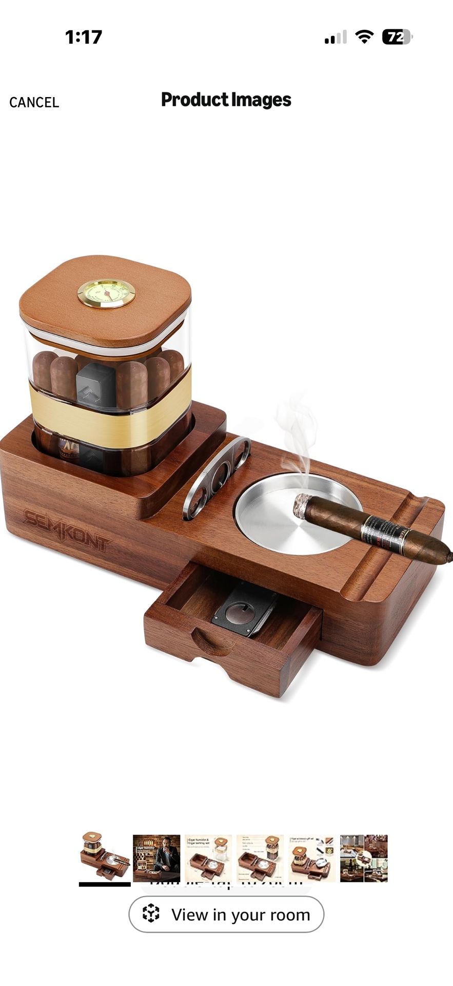 Cigar Humidor and Ashtray Set,Wooden Tray with Acrylic Humidor Jar,Cutter Holder,Drawer,Slot and Cigar Cutter Accessories,Home Gift Sets for Men (Brow