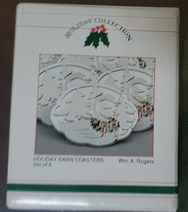 Vintage Wm Rogers 1987 Holiday Christmas Swan Silverplate 6 Coasters