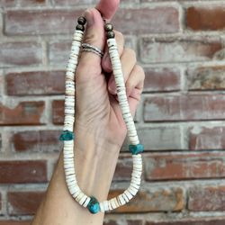 Vintage Turquoise & Shell Necklace With Sterling Beads And Clasp