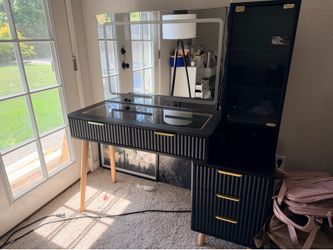 Fluted Vanity Desk with 36" LED Mirror, 48" Modern Makeup Table with Charging Station, Glass Door Display Cabinet & Tempered Glass Top, 5 Drawers and 