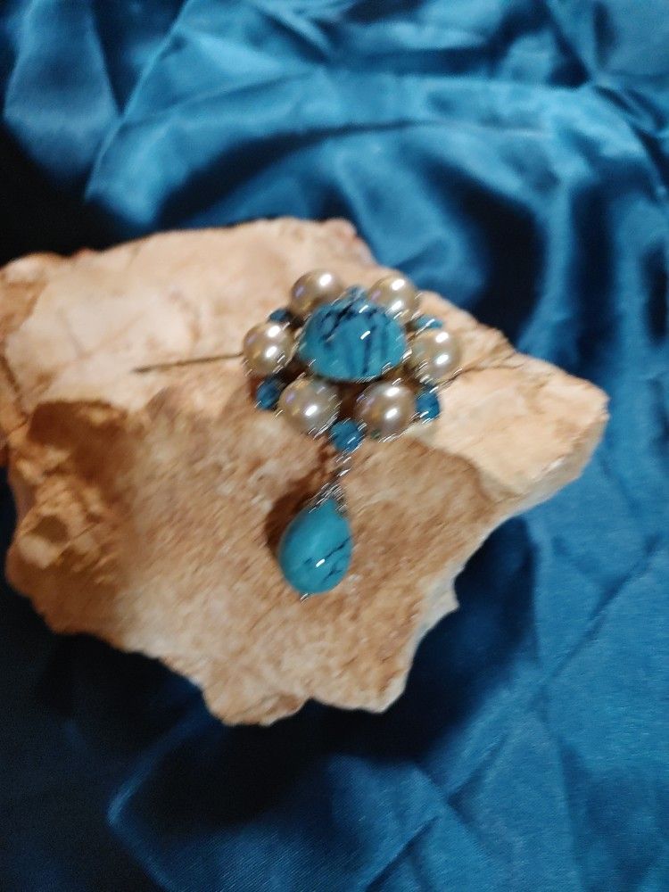 Turquoise(faux) Pin with Pearls, Marked