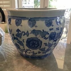 Large Blue/White Asian Ceramic Pot