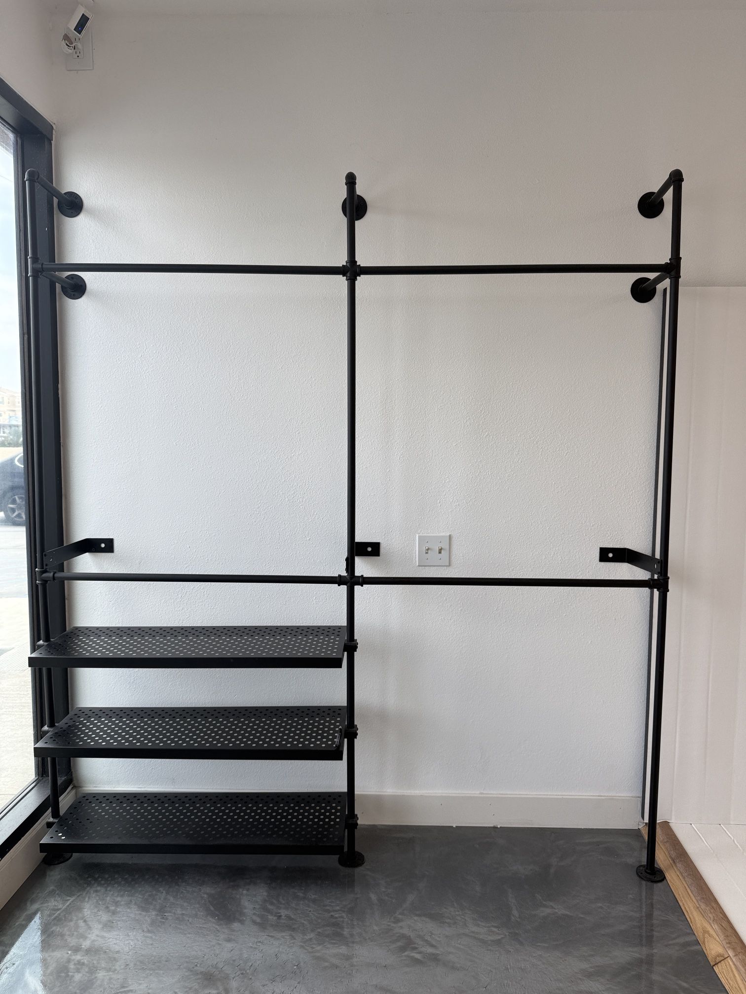 Industrial Clothing Rack Black Pipes with Shelfboards