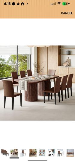 79" Dining room table set with seating for 8 and includes 8 cushioned chairs