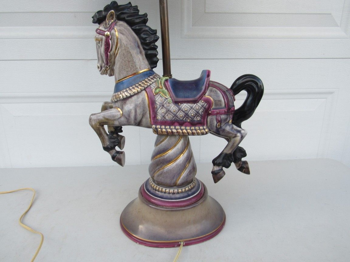 Vintage Carousel Horse Hand Painted Porcelain Mid Century Lamp 36" Tall