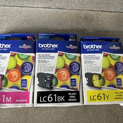 New Brother LC61 Cyan Magenta Yellow Ink Genuine OEM LC61M LC61BK LC61Y Lot of 3