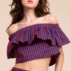 LA DoubleJ Double Love striped off the shoulder silk crop top in Riviera size M