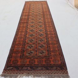 3x12 ft 1920s Antique Rusty Red Tekke Runner, Collectors Piece Red Vintage Ersari Hallway Rug