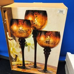 Kirklane Set of 3 Chocolate Mercury Crackled Hurricane Candle Holders 