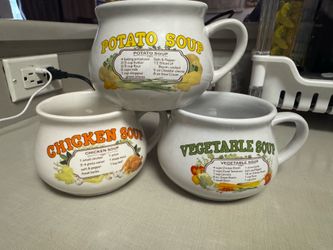 Soup Recipe Mugs Bowls Set of 3 Dat'l Do-It Chicken Vegetable Potato Soup