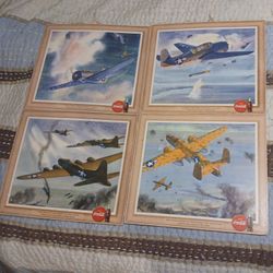 Original 1943 Coca-Cola Lithograph Ad Signs Showing U.S. Military Planes In Battle During WWll.