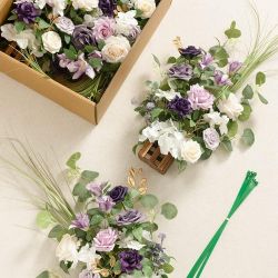 Ling's Moment 17.5" Tall Standing Artificial Flowers Arrangements 4 pcs Wedding Aisle Runner Chair Decorations Lilac & Gold Centerpieces for Ceremony 