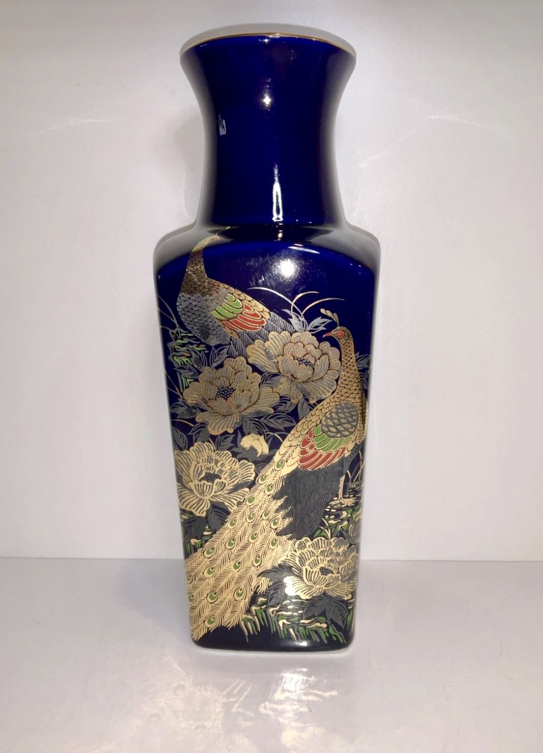 Beautiful Cobalt Blue Gold Peacock Floral Vase Japanese Asian Interpur W/Flowers