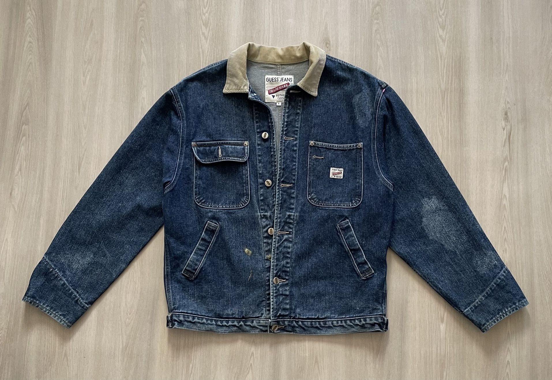  Vintage 90s Guess USA Denim Trucker Jacket Corduroy Trim sz Large *distressed 