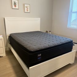 Queen bed frame (including box spring, no mattress), bed side table, and dresser 