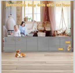 150’’ Extra Wide Retractable Gate 37’’ Extra Tall Pet Gate With Small Cat Door